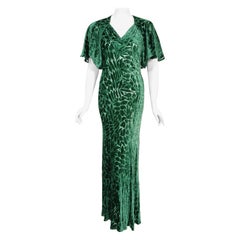 Vintage 1930's Emerald Green Leaf Motif Sheer Silk Velvet Bias-Cut Gown & Bolero