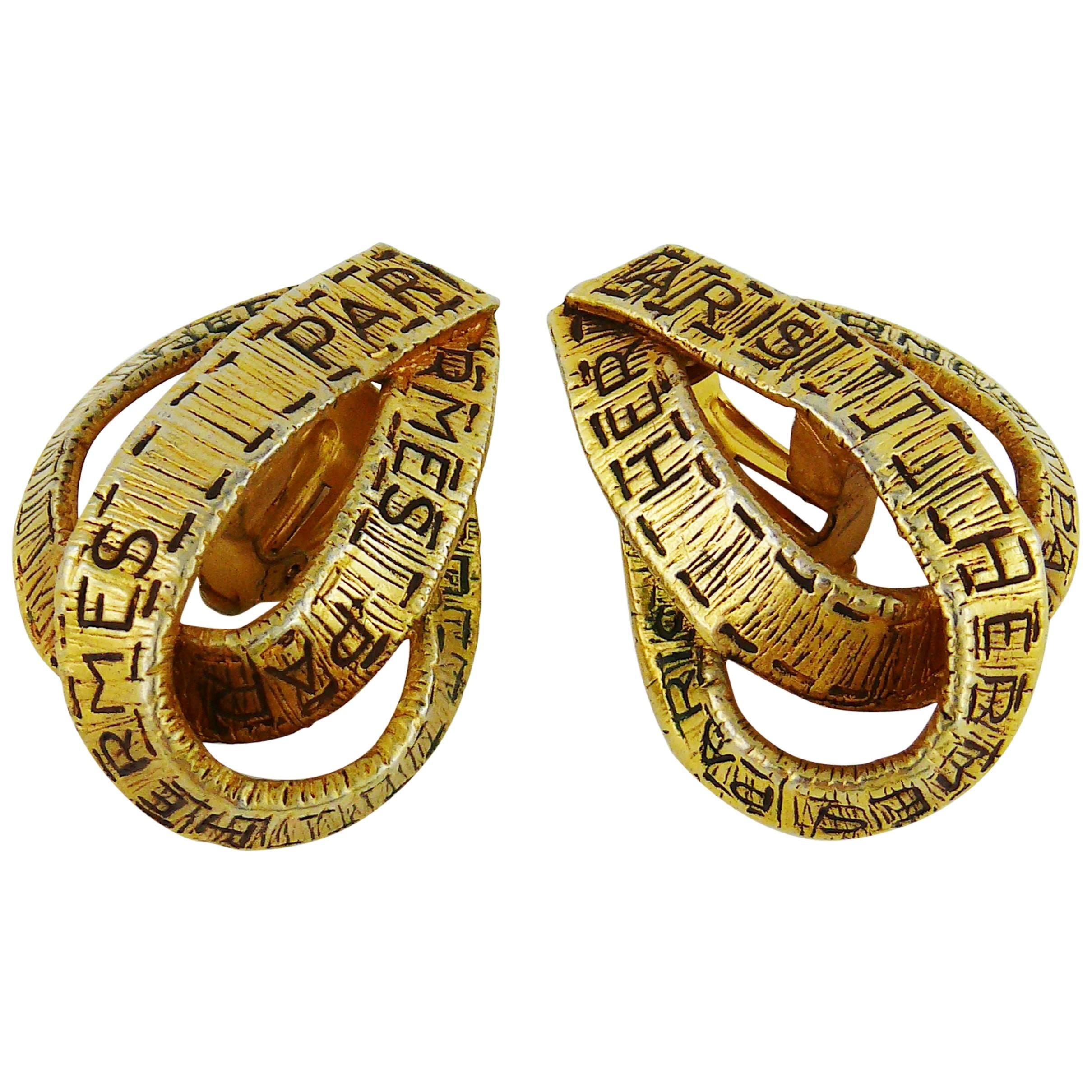 Hermes Vintage Gold Toned Ribbon Motif Clip-On Earrings