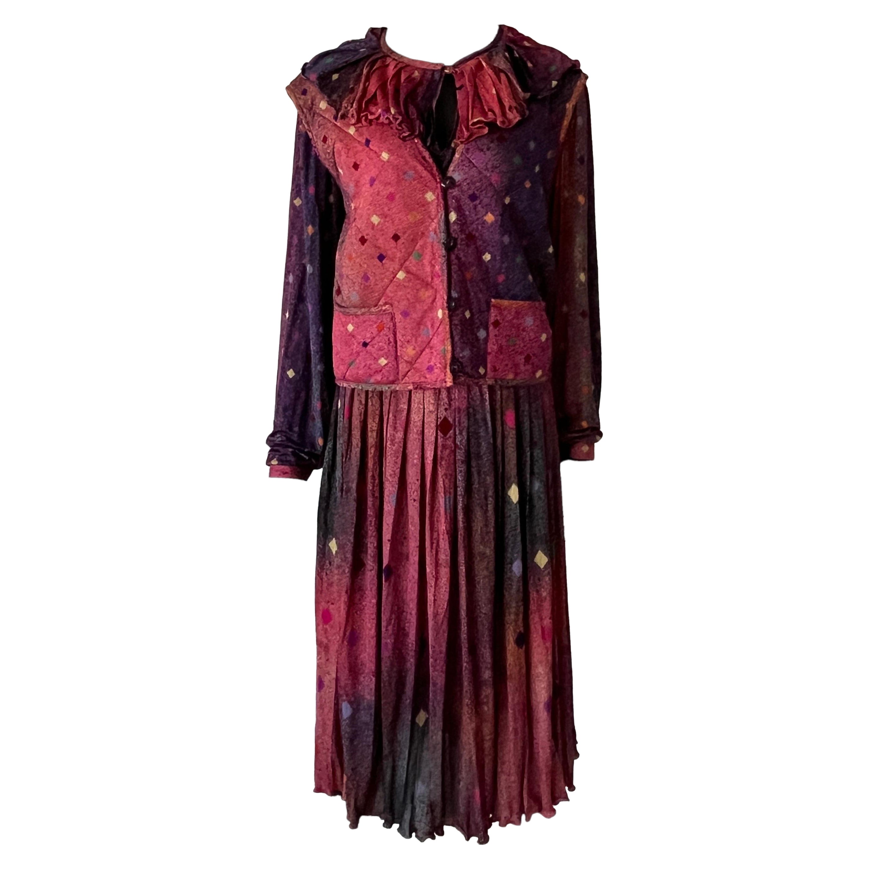 1980s Vintage MISSONI Harlequin silk skirt / vest / Top - 3 piece set