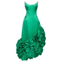 c. 1989 Scaasi Green Strapless Gown with Asymmetrical Ruffle Hem