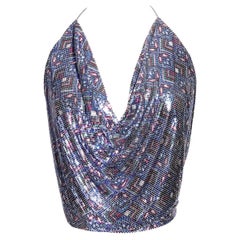 Whiting and Davis Blue Patterned Chainmail Halter Top, 1970’s