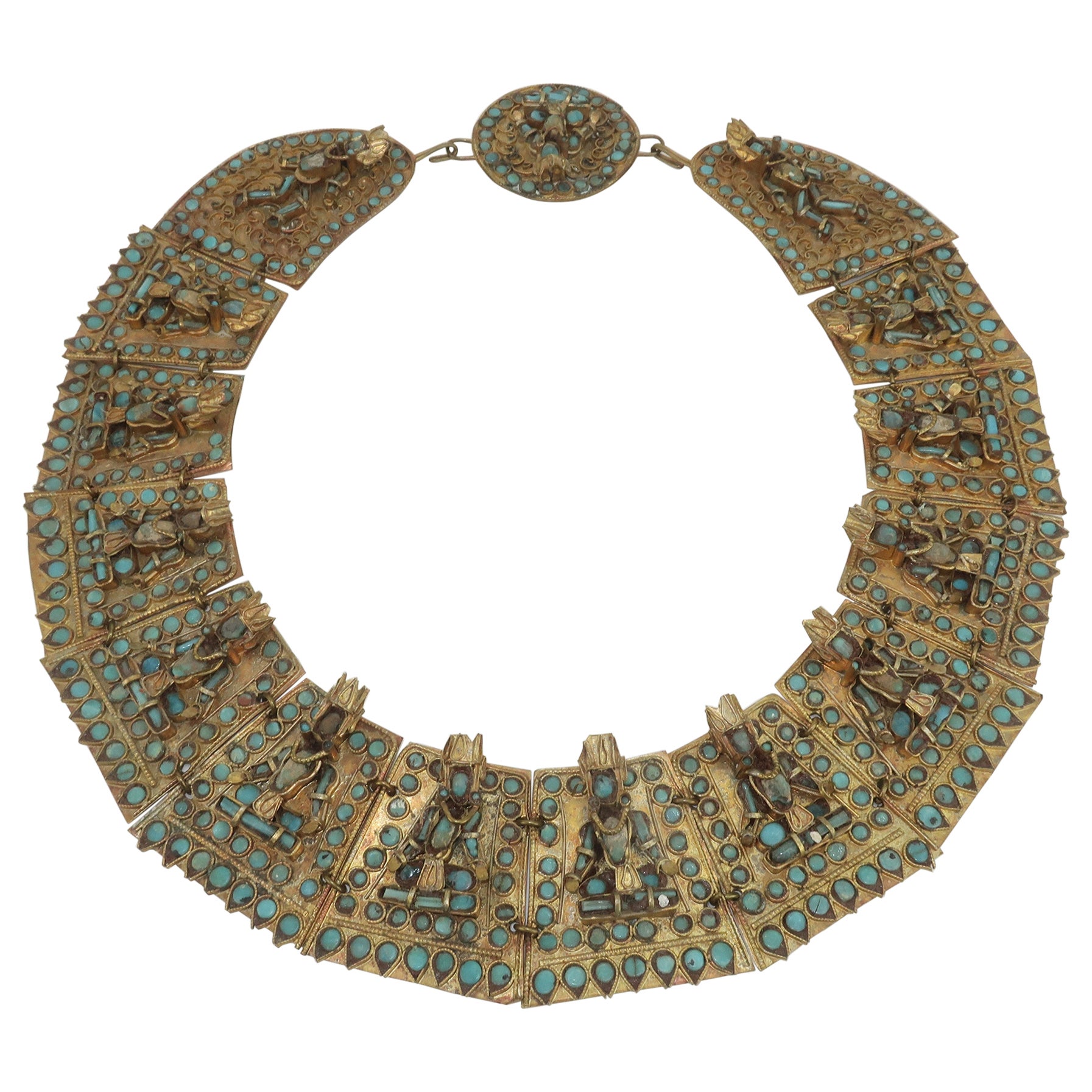 Vintage Thailand Collar Bib Necklace With Turquoise Glass Beads