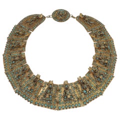 Vintage Thailand Collar Bib Necklace With Turquoise Glass Beads