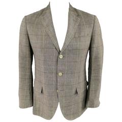 Men's LORO PIANA 38 Regular Taupe Plaid Windowpain Linen Sport Coat