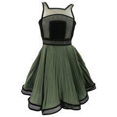 CHRISTOPHER KANE Fall 2009 Size 2 Olive & Black Pleated Silk Velvet Trim Dress