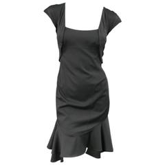 ZAC POSEN Size 2 Black Wool Scoop Neck Cap Sleeves Ruffle Sheath Dress