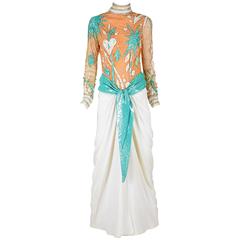 1980s Bob Mackie Sequined Nude Mesh and White Long Gown 3