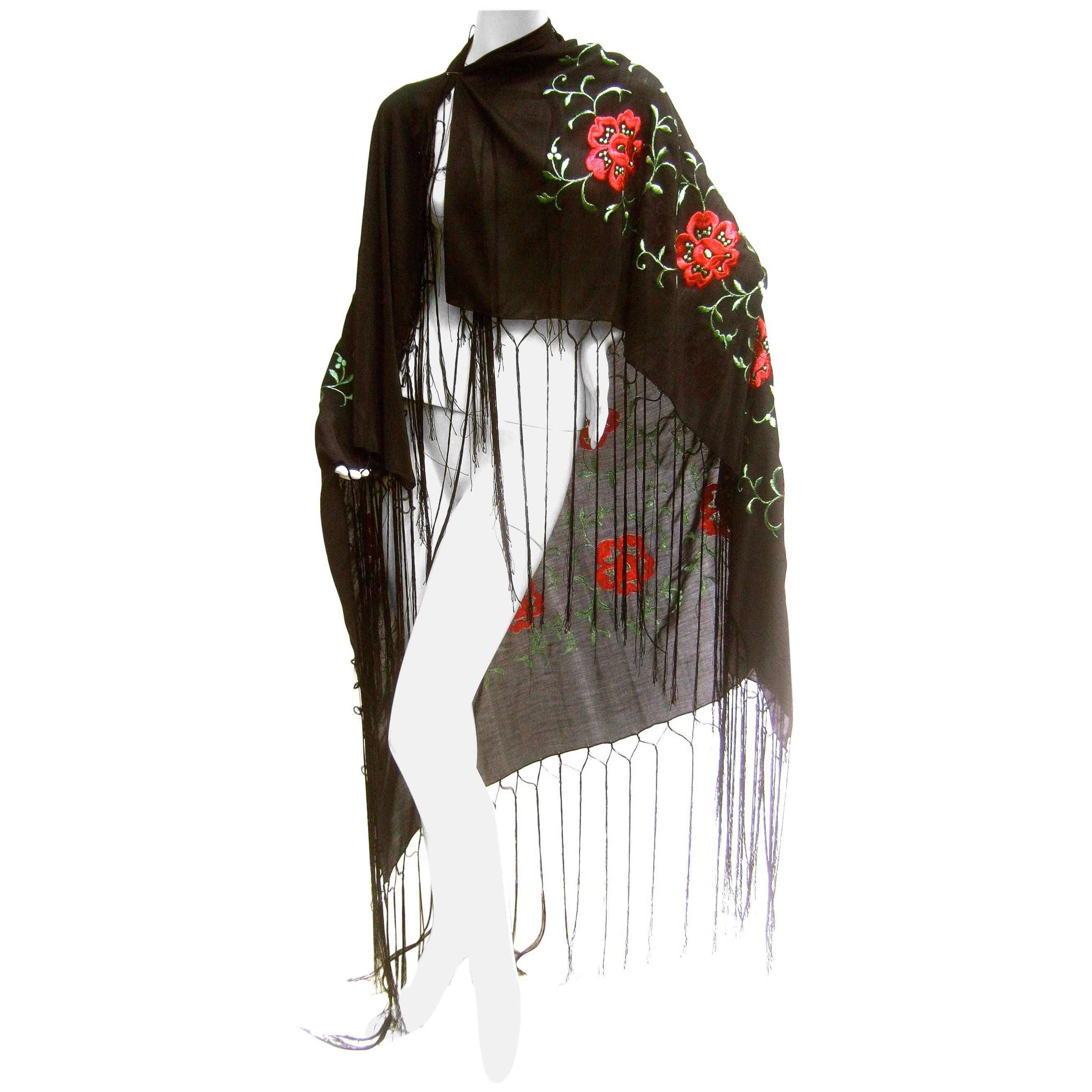 Exotic Embroidered Black Floral Fringe Silk Shawl c 1960 For Sale