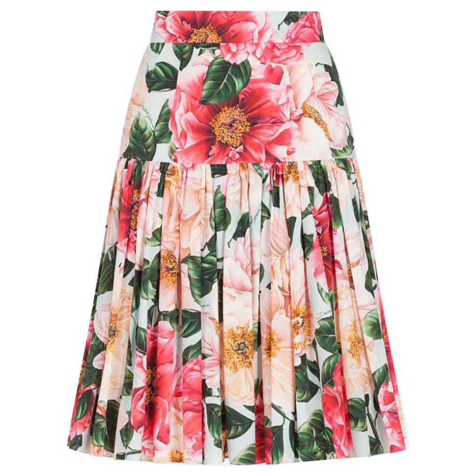 Dolce & Gabbana Multicolor Cotton Flared Mid-length Skirt Floral A-line Pleated For Sale