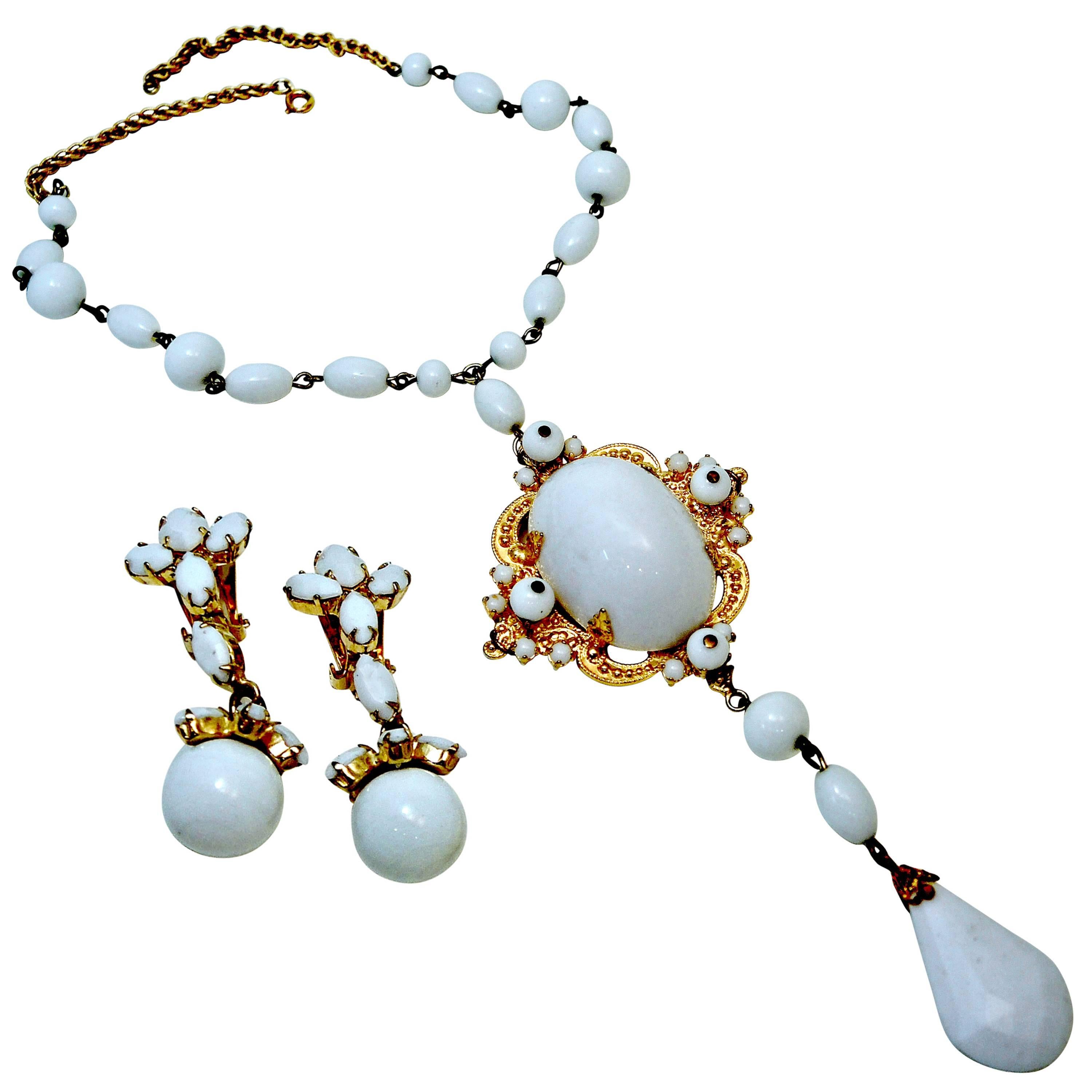 Vintage Signed Schreiner NY Milk Glass Runway Necklace & Earrings Set For Sale