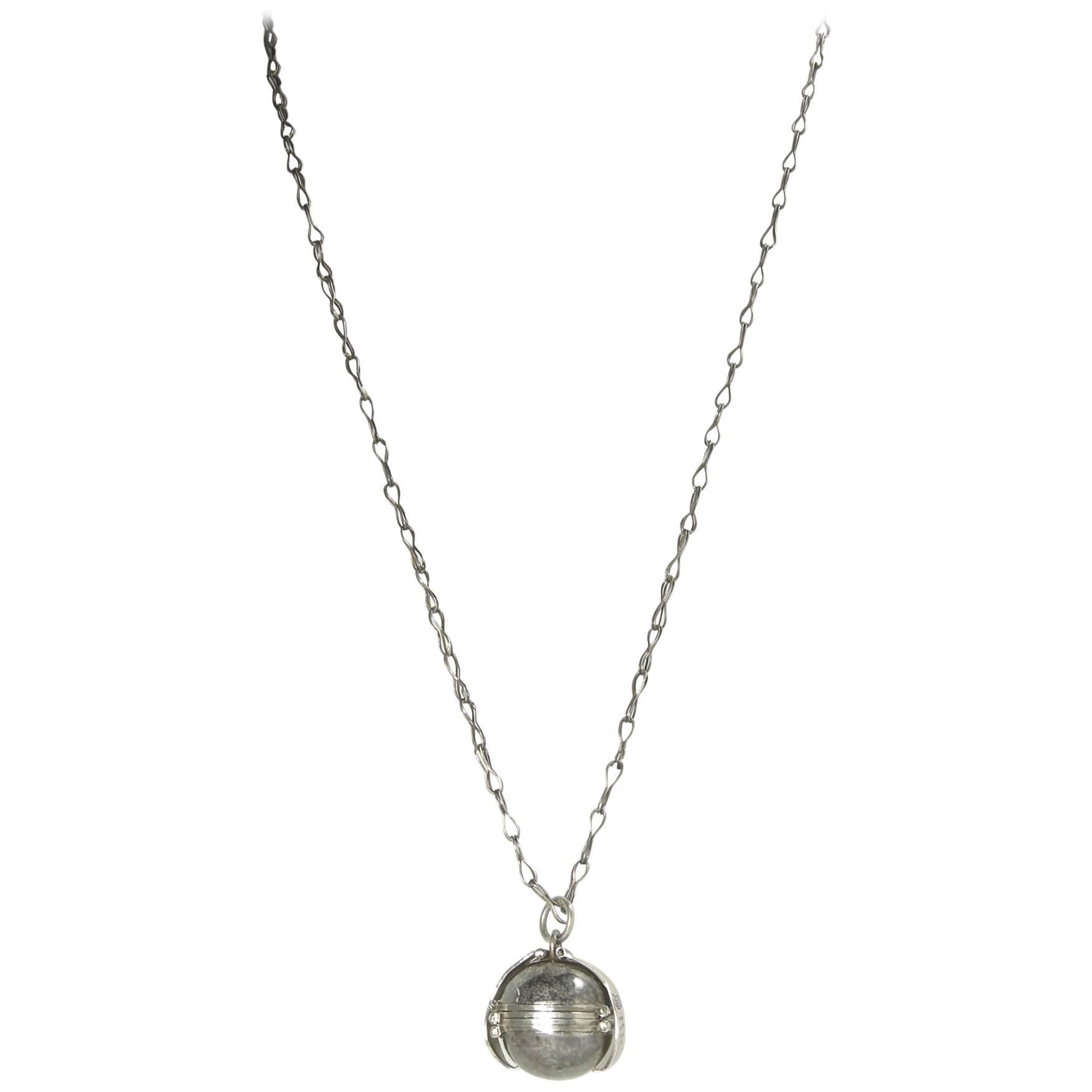 Art Deco Vintage 1920s Sterling Silver 4-Picture Locket Ball Pendant Necklace