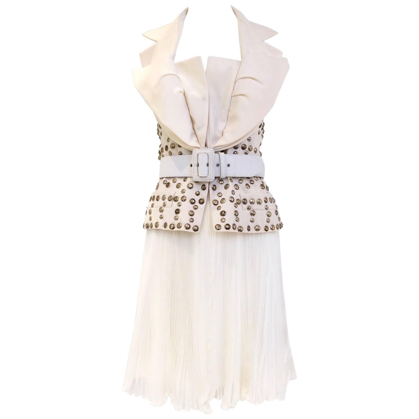 Christian Dior John Galliano Ivory Halter Studded Top and Plisse Skirt ensemble
