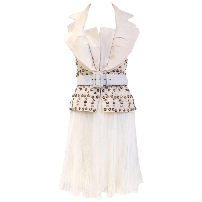 Christian Dior John Galliano Ivory Halter Studded Top and Plisse Skirt ...