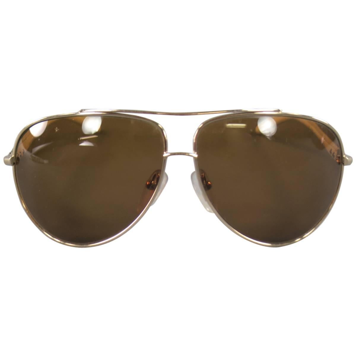 CHROME HEARTS Gold Tone Metal & White Leather Aviator Sunglasses BABY GRAVY