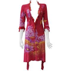 Retro Daring Roberto Cavalli Plunging Ruffle Neckline Floral Silk Dress