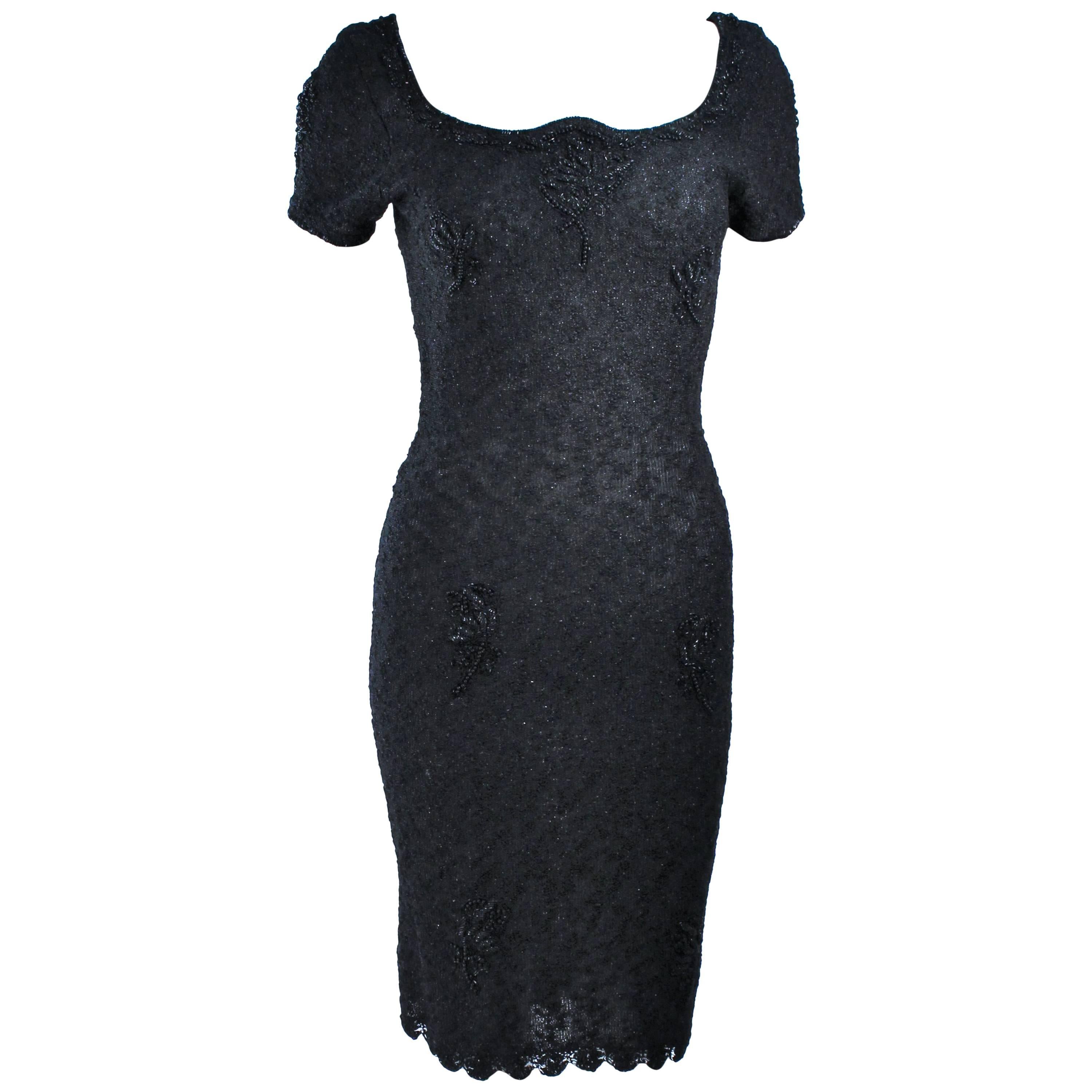 1960's Black Beaded Wool Knit Cocktail Dress Size  For Sale