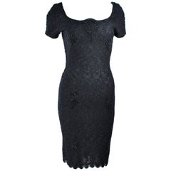 1960's Black Beaded Wool Knit Cocktail Dress Size 