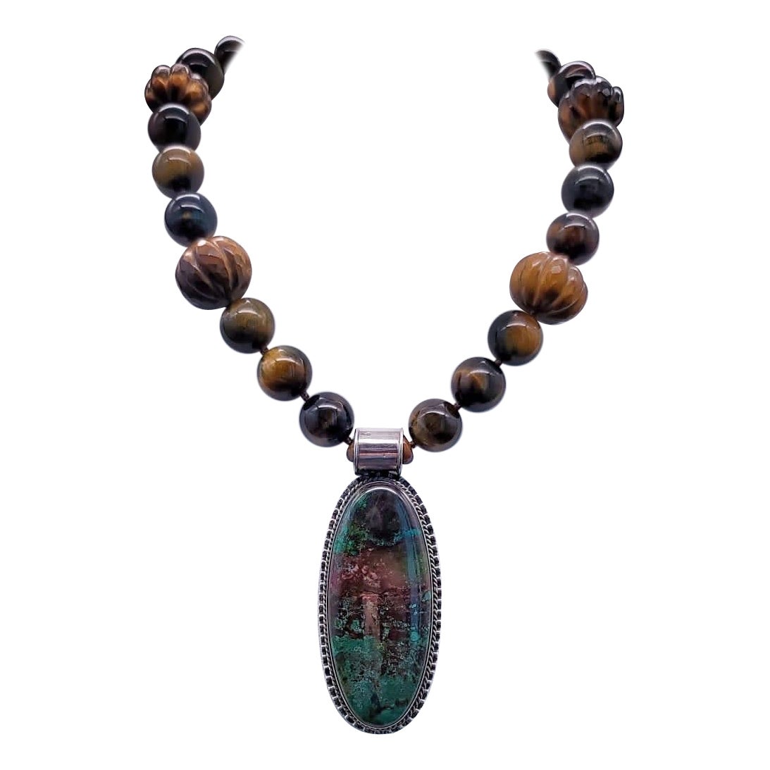 A.Jeschel A Powerful single strand Tiger Eye necklace with Chrysocolla Pendant.