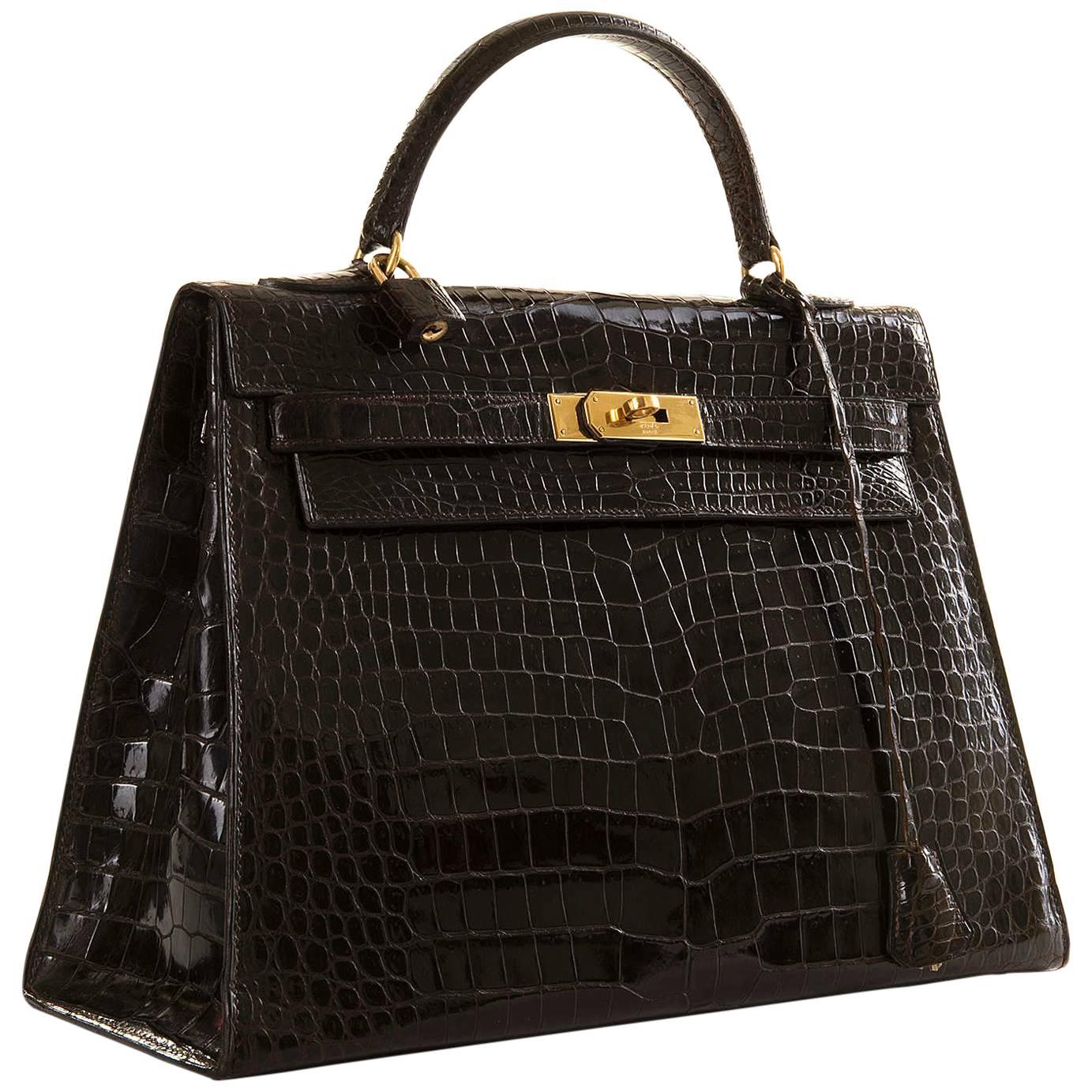 SO SO RARE Pristine Hermes 32cm Chocolate Crocodile Kelly Bag with Gold Hardware