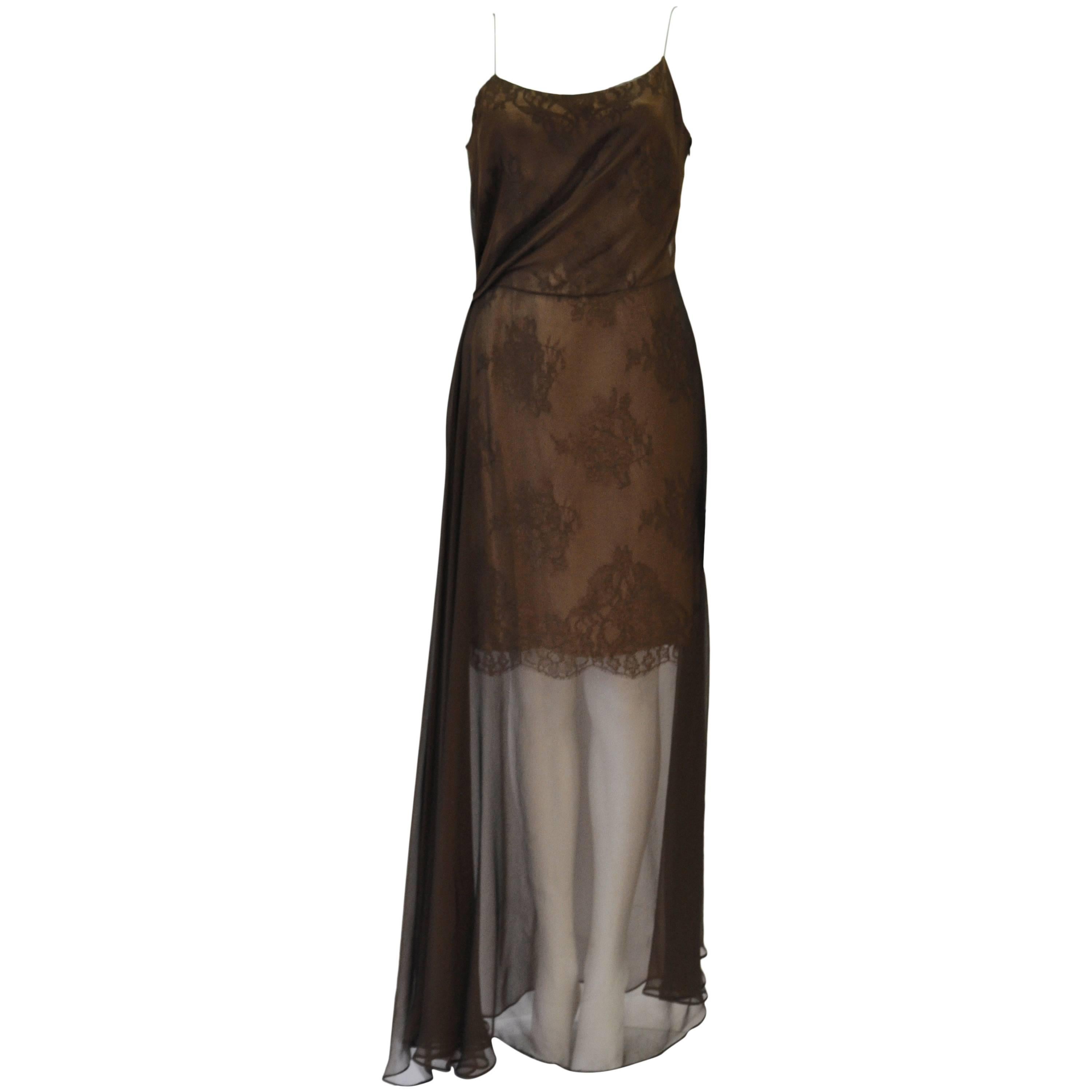 Refined Marc Cain Sheer Copper Silk Chiffon Over Lace Maxi Dress For Sale
