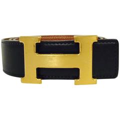 2004 Hermes Black and Gold Reversible Leather Constance Belt Set GHW