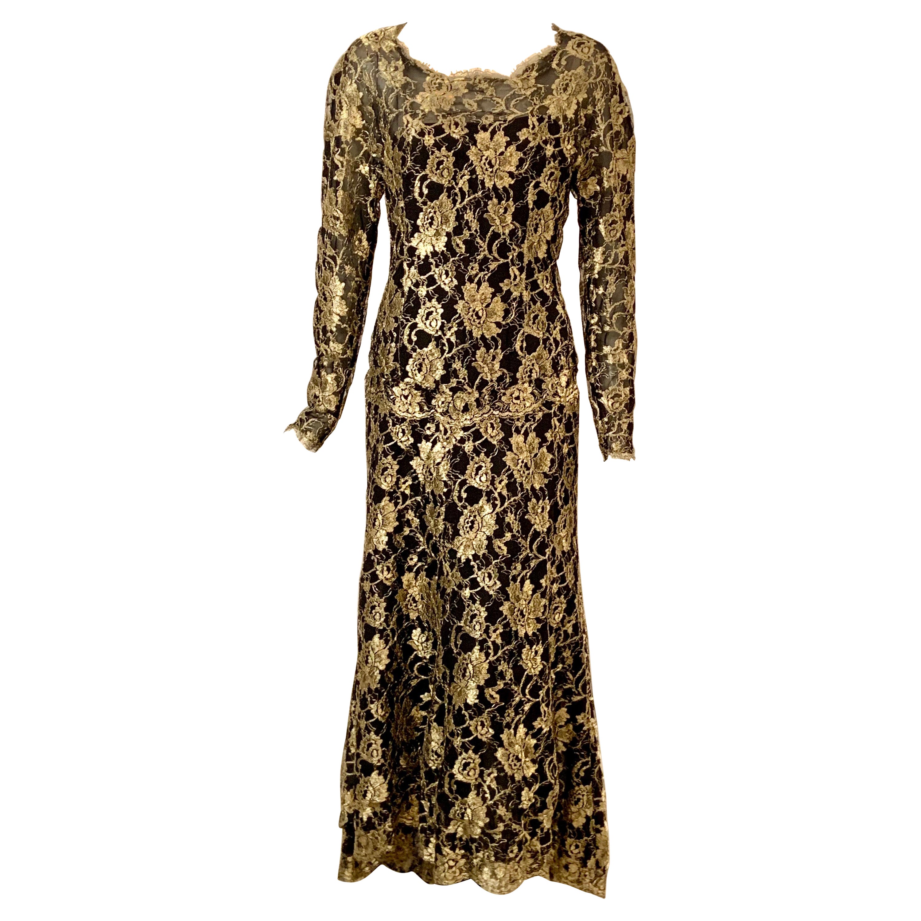 1986 Chanel by Karl Lagerfeld Gold and Black Lace Gown with Train Original Tag For Sale