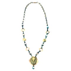 Egyptian Revival Vintage Teal Turquoise Green and Tan Celluloid Necklace 