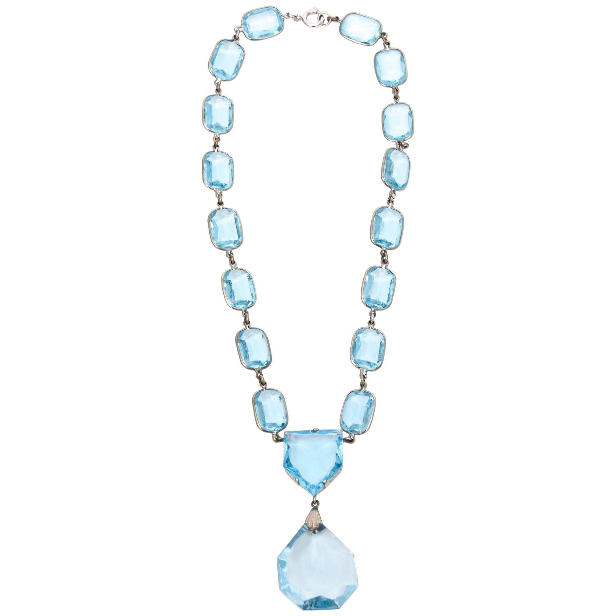 Faceted Glass Crystal Aquamarine/ Sterling Silver Pendant Necklace/ SALE