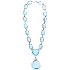 Faceted Glass Crystal Aquamarine/ Sterling Silver Pendant Necklace/ SALE
