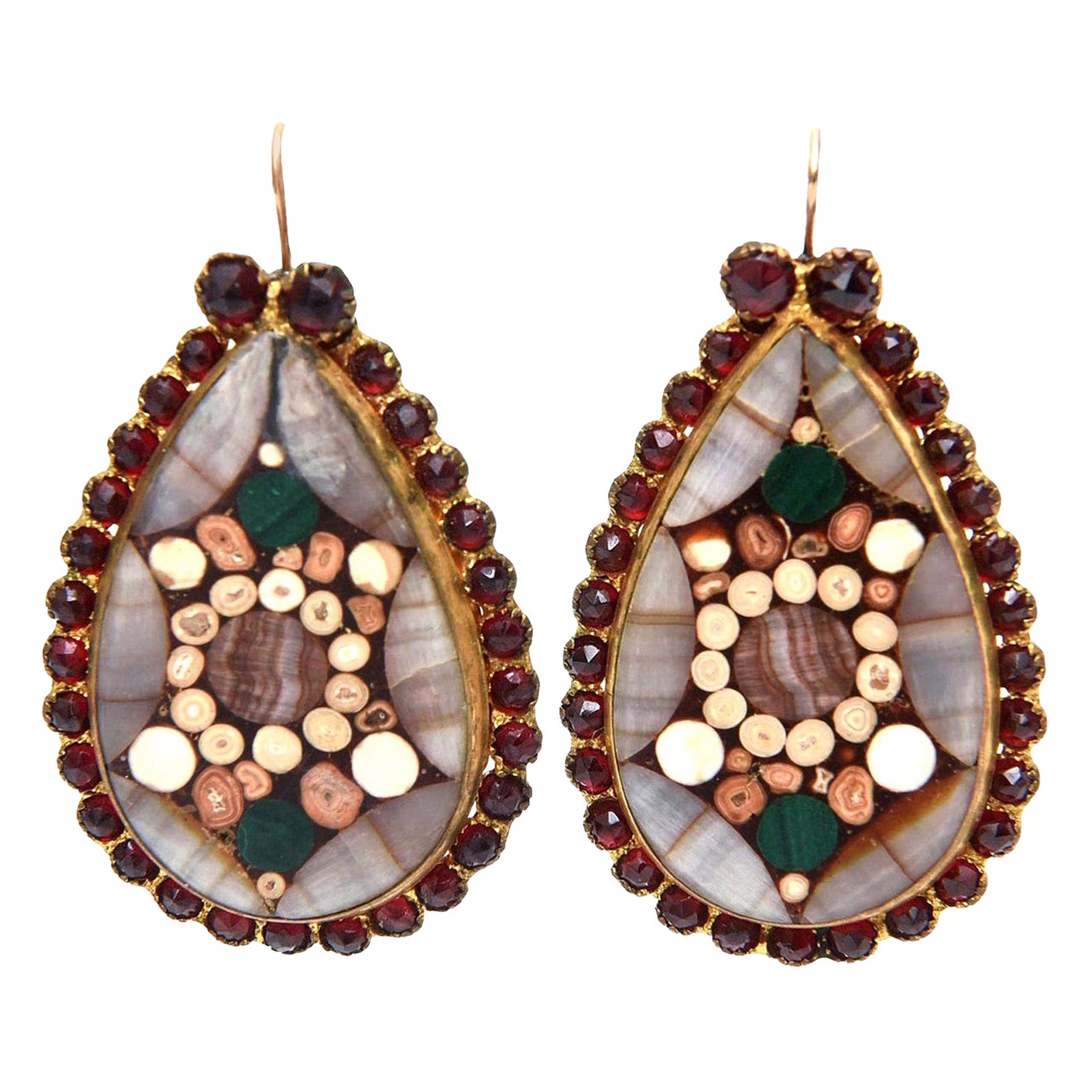 Inlay Agate, Quartz, Stone Garnets Dangle Drop Pierced Earrings Pair Of Vintage