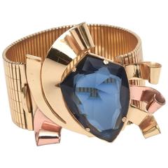 Signed Coro Retro Gold, Copper and Blue Faceted Glass Cuff Bracelet 12