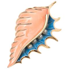 Signed Trifari Enamel and Faux Pearl Conch Shell Brooch/Pin/ SATURDAY SALE 1