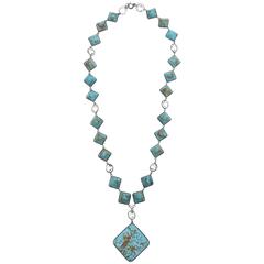Vintage Diamond Shaped Turquoise & Faceted Crystal Pendant Long Necklace