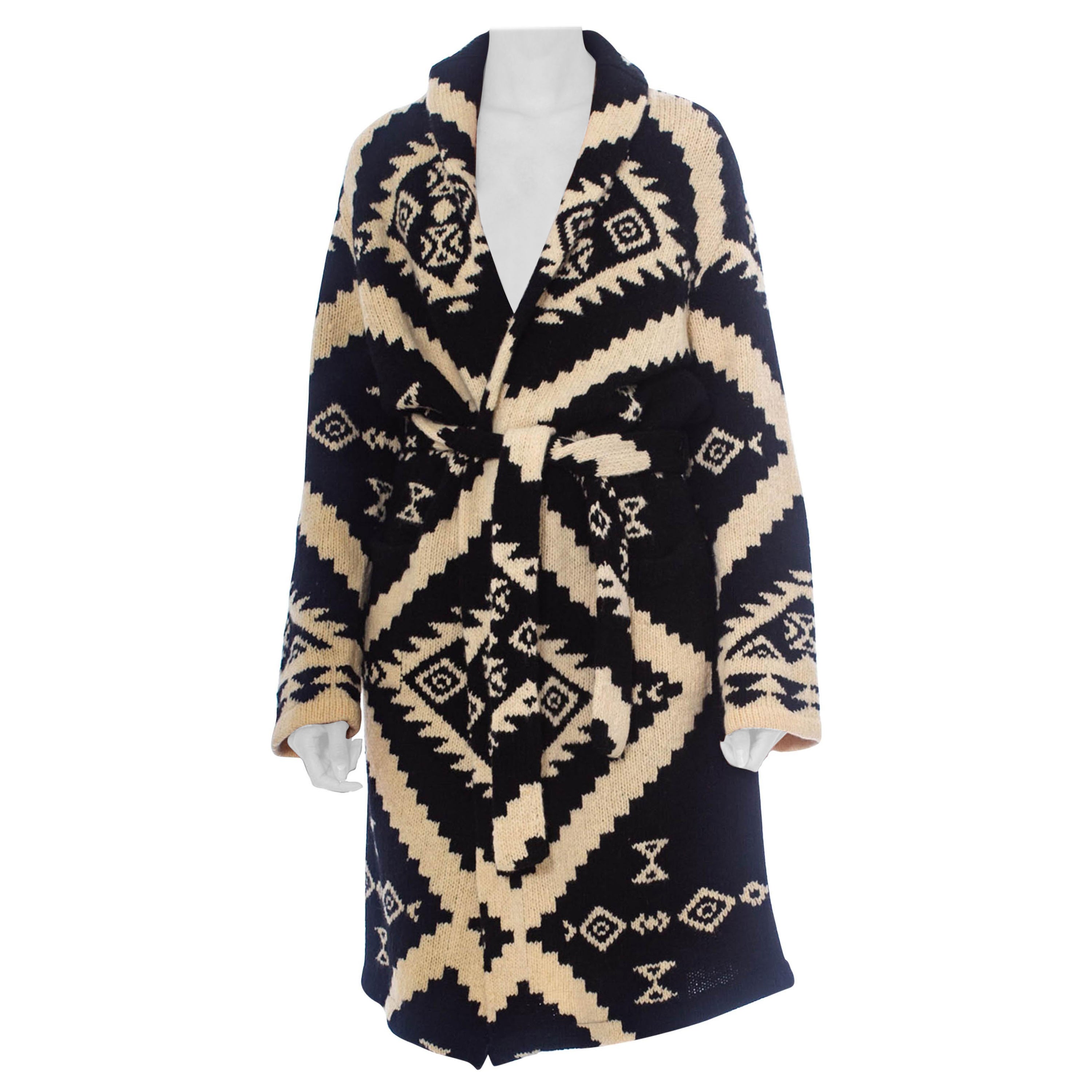 1990S Ralph Lauren Black & White Wool Hand Knit Navajo Pattern Maxi Sweater For Sale