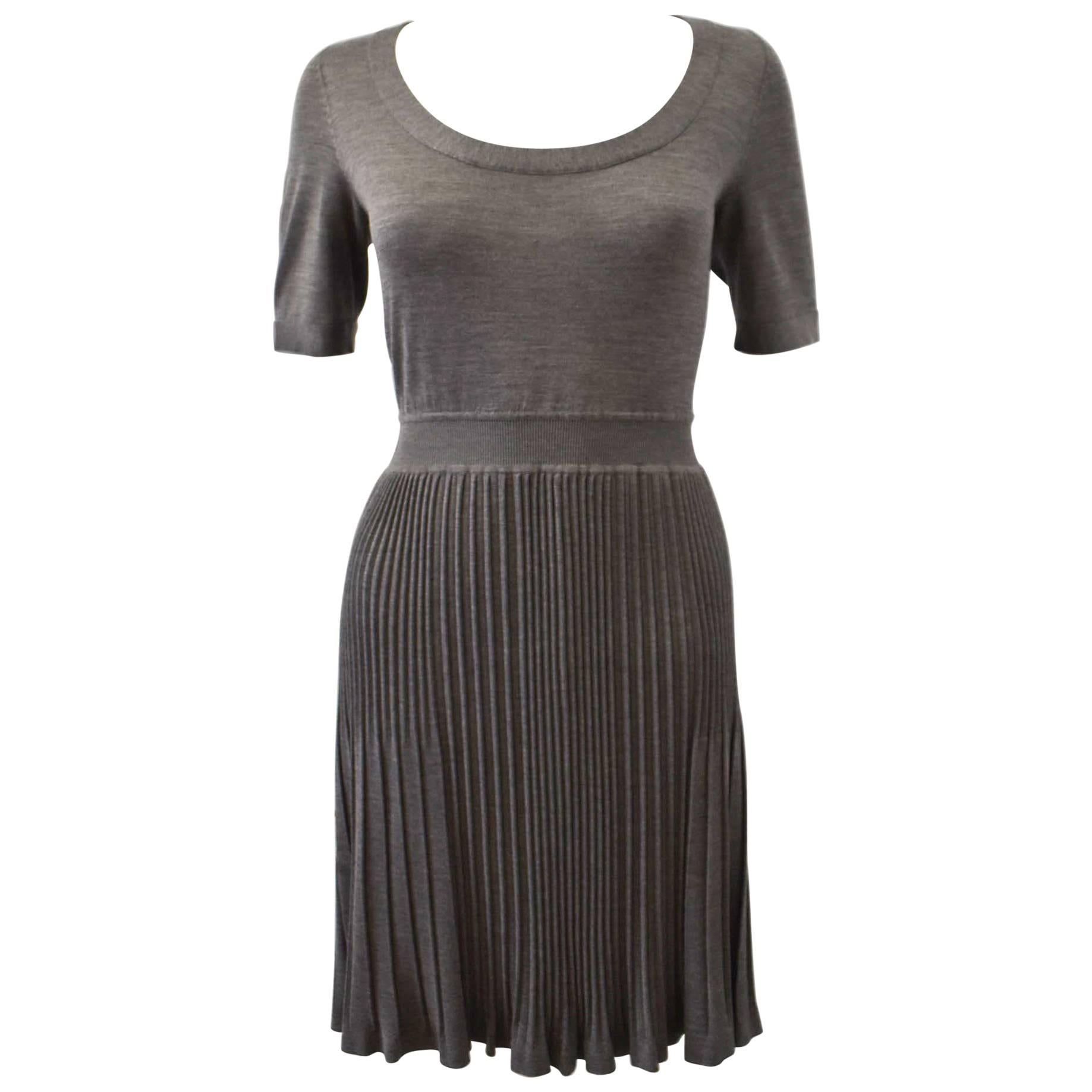 Balenciaga Grey Silk and Cashmere Fine Knit Dress with Pleated Skirt 2009