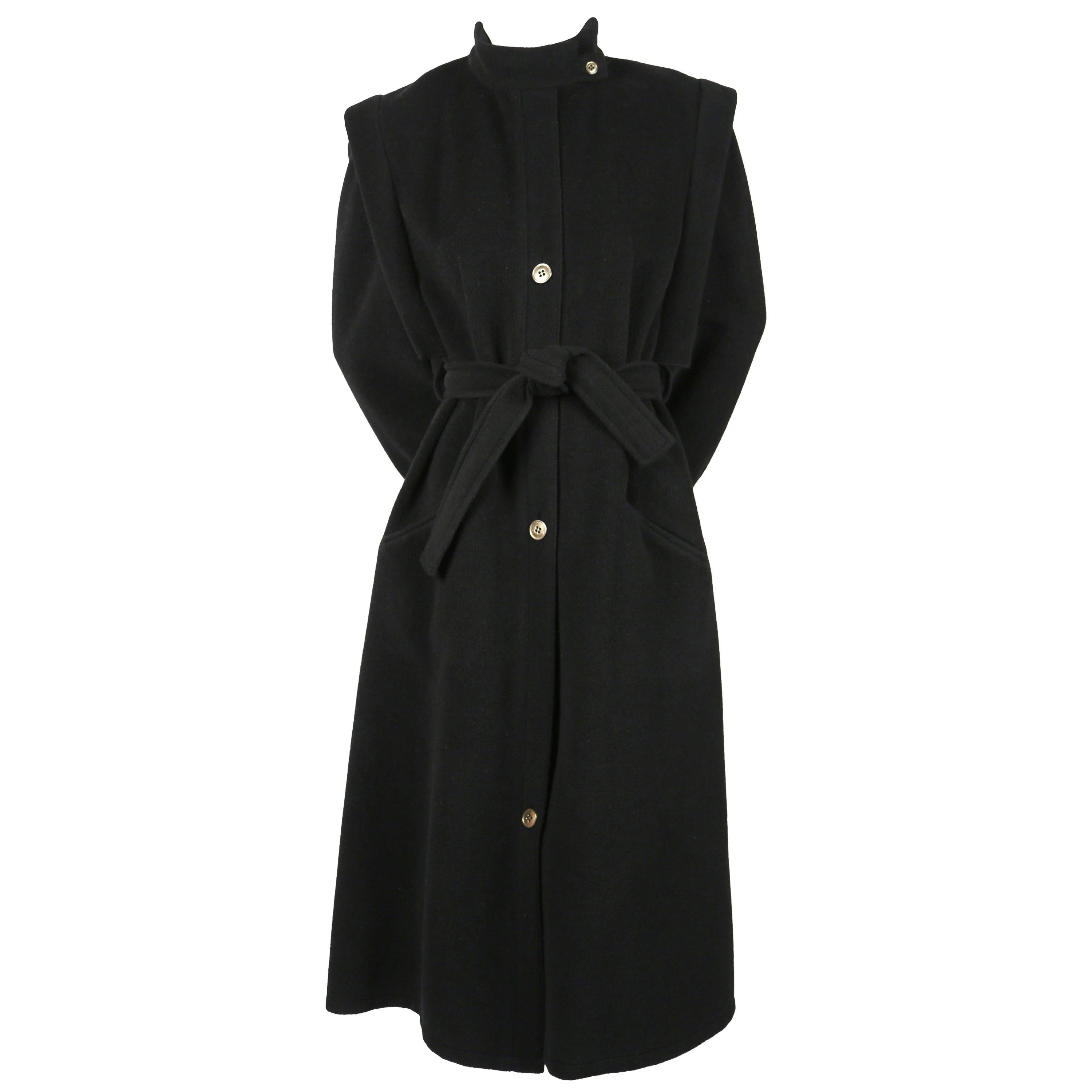 1970s Sonia Rykiel black wool coat with structured shoulders and metal buttons For Sale