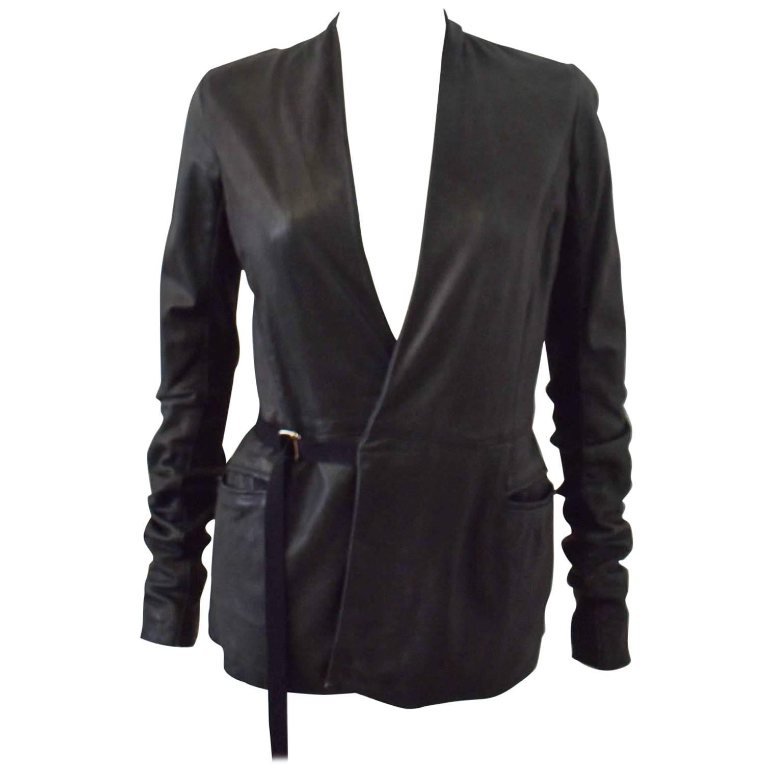 Rick Owens Charcoal Fine Leather Jacket with Tie-Waist