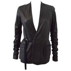 Rick Owens Charcoal Fine Leather Jacket with Tie-Waist