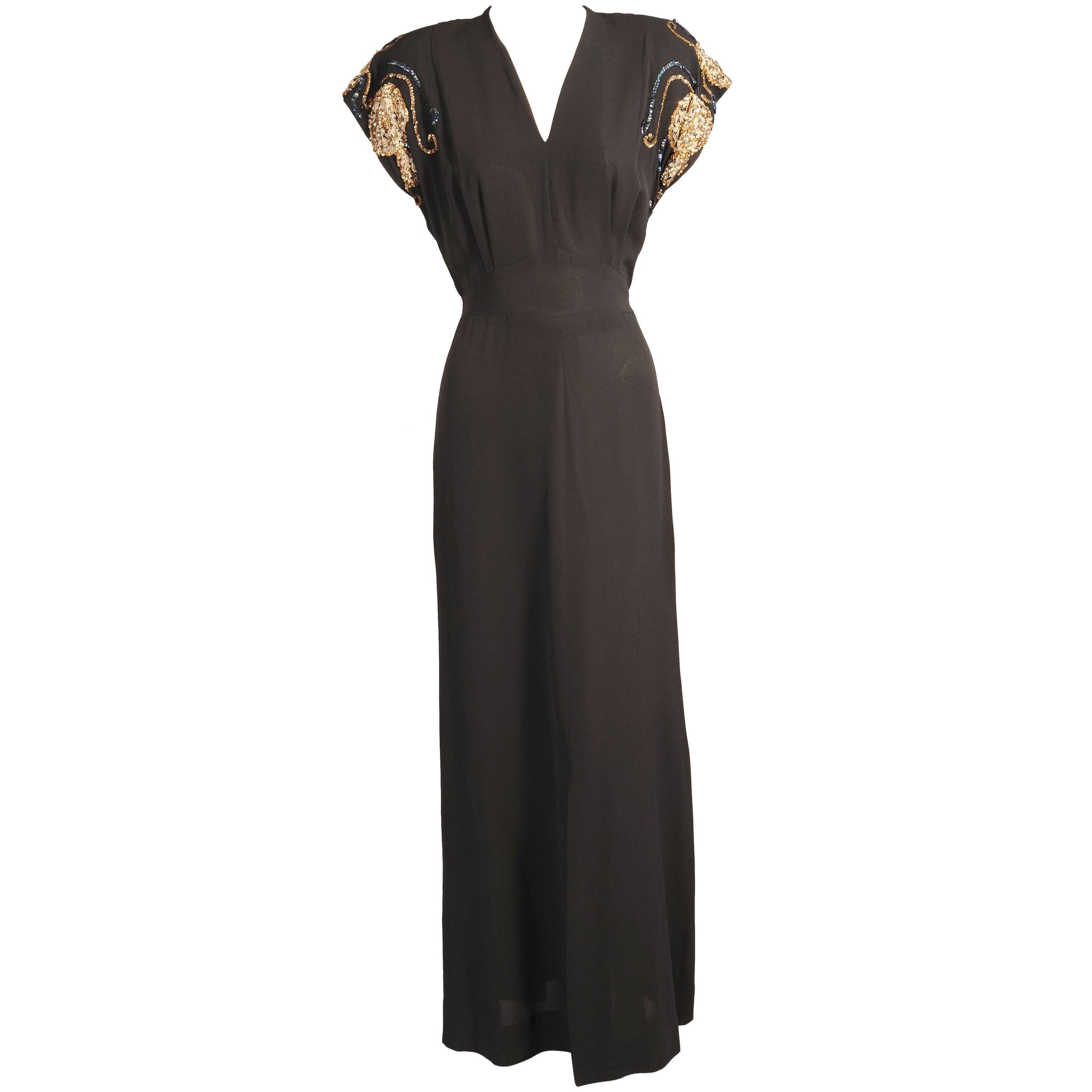 Late 1930's Larger Size Crepe Evening Dress, Metallic Lace and Sequin Trim