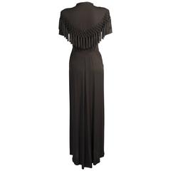 Late 1930's Larger Size Black Crepe Evening Gown with Fringe Trim