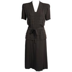 Vintage 1940's Larger Size Beaded Black Crepe Evening Dress