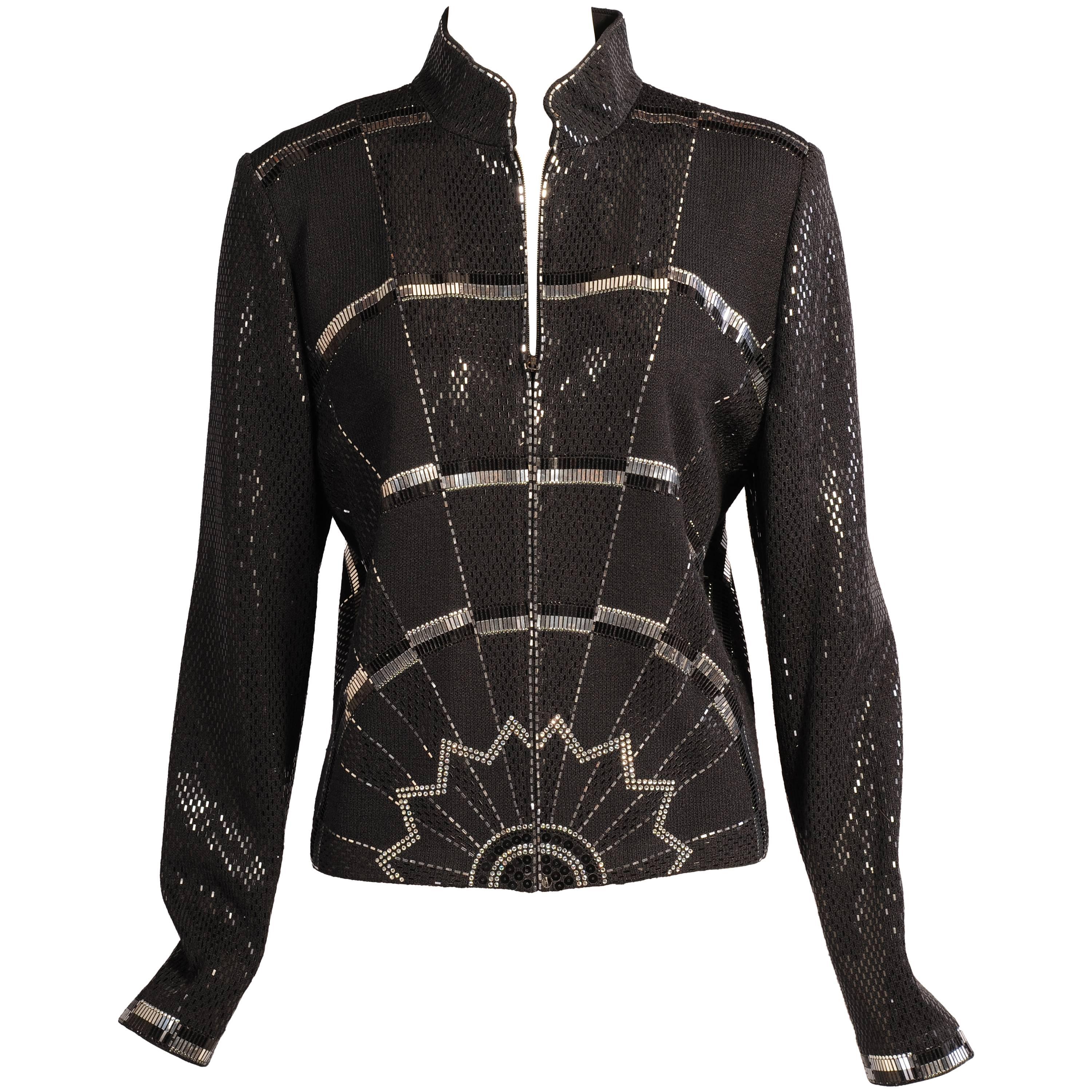 St. John Black Wool Jacket with Art Deco Inspired Silver and Black Decoration