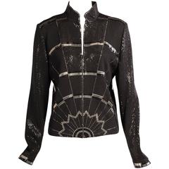 Vintage St. John Black Wool Jacket with Art Deco Inspired Silver and Black Decoration