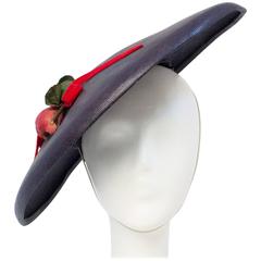 50s Navy Blue Woven Straw Wide Brim Hat with Fruit Adornment 