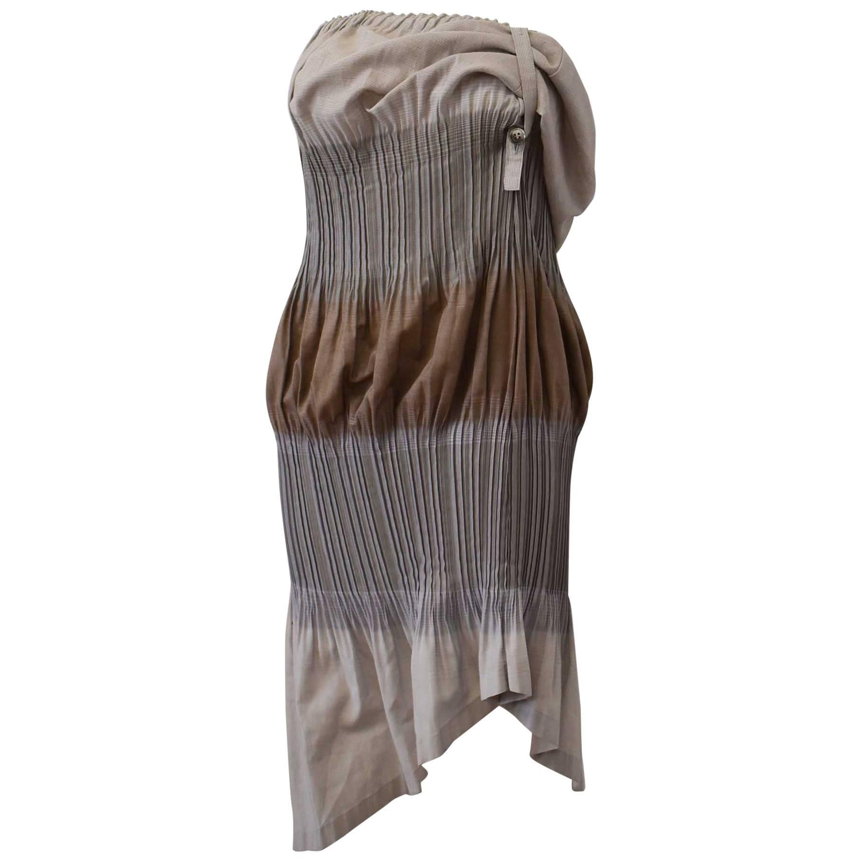 Issey Miyake FETE, Grey and Brown Asymmetric Pleated Dress with Adjustable Strap For Sale