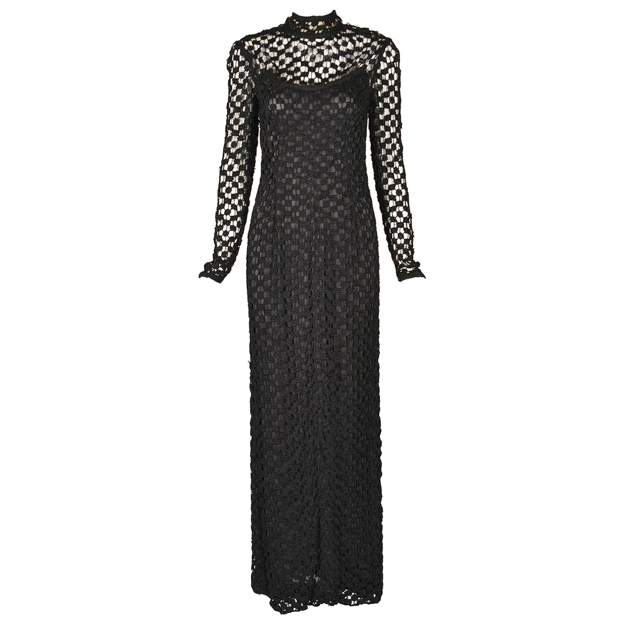 1970s Pat Sandler Black Crochet Gown For Sale