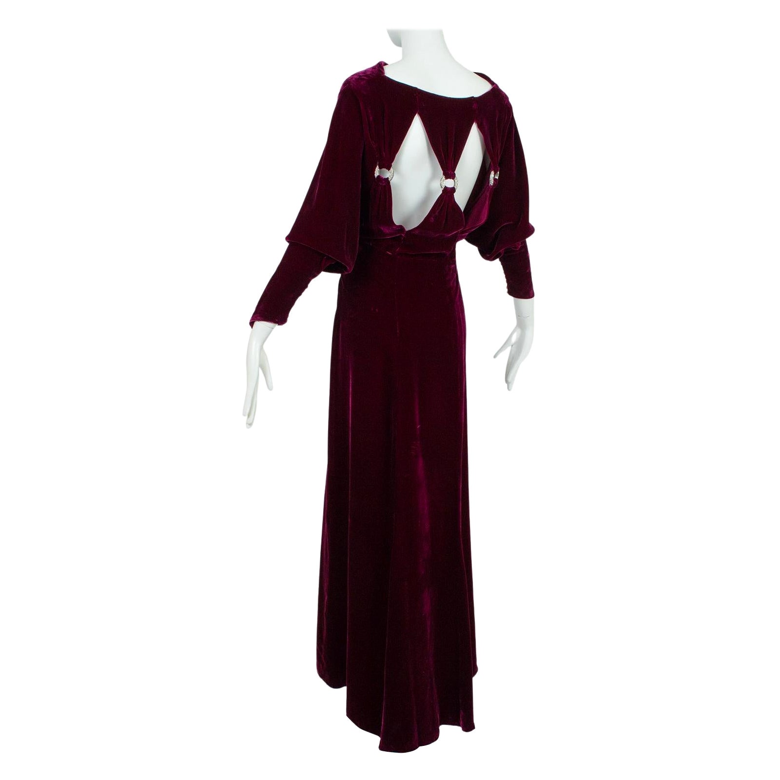 Regency Burgundy Silk Velvet Jeweled Cutout Back Bias Gown with Train – M, 1930s For Sale