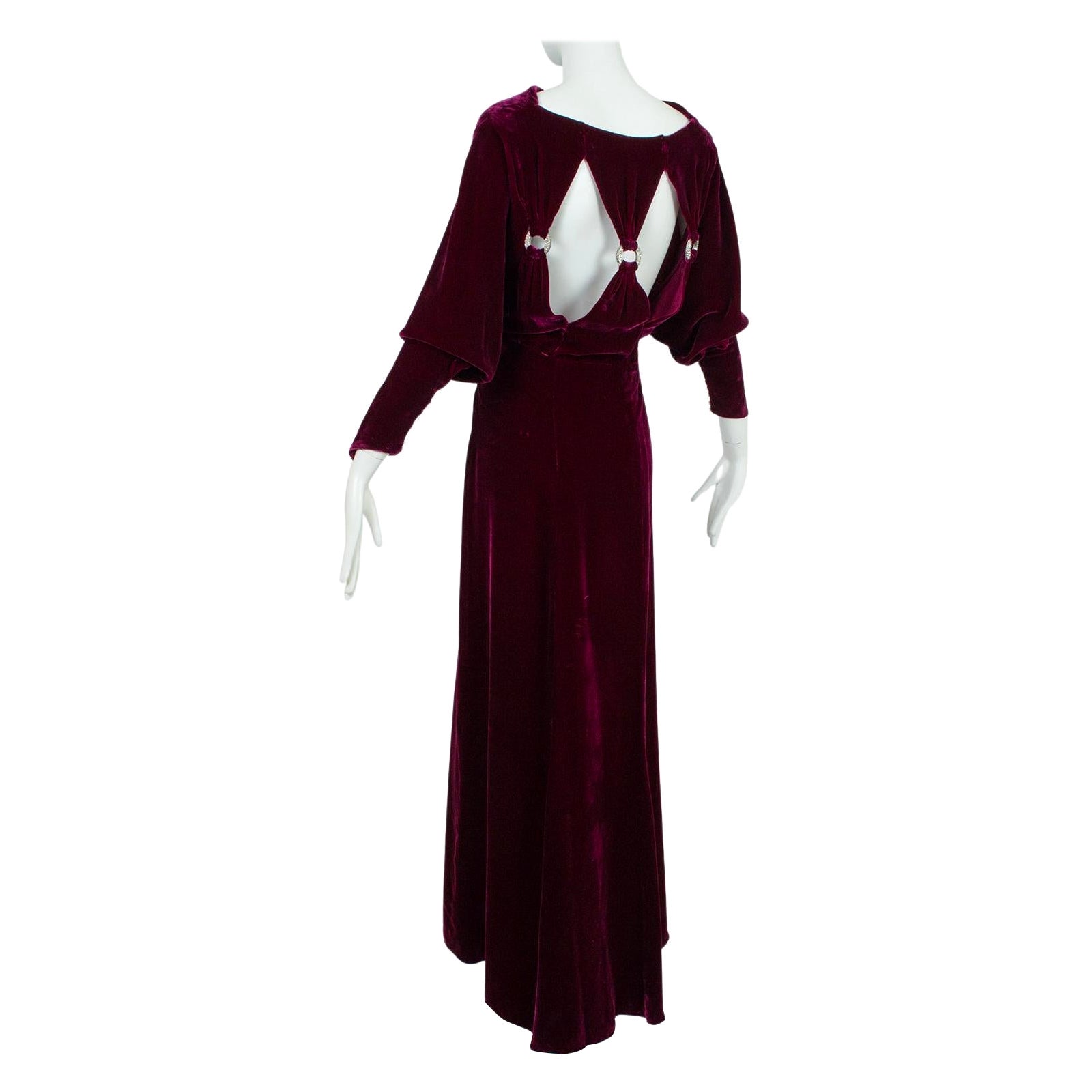 Regency Burgundy Silk Velvet Jeweled Cutout Back Bias Gown with Train – L, 1930s For Sale