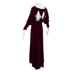 Regency Burgundy Silk Velvet Jeweled Cutout Back Bias Gown with Train – M, 1930s
