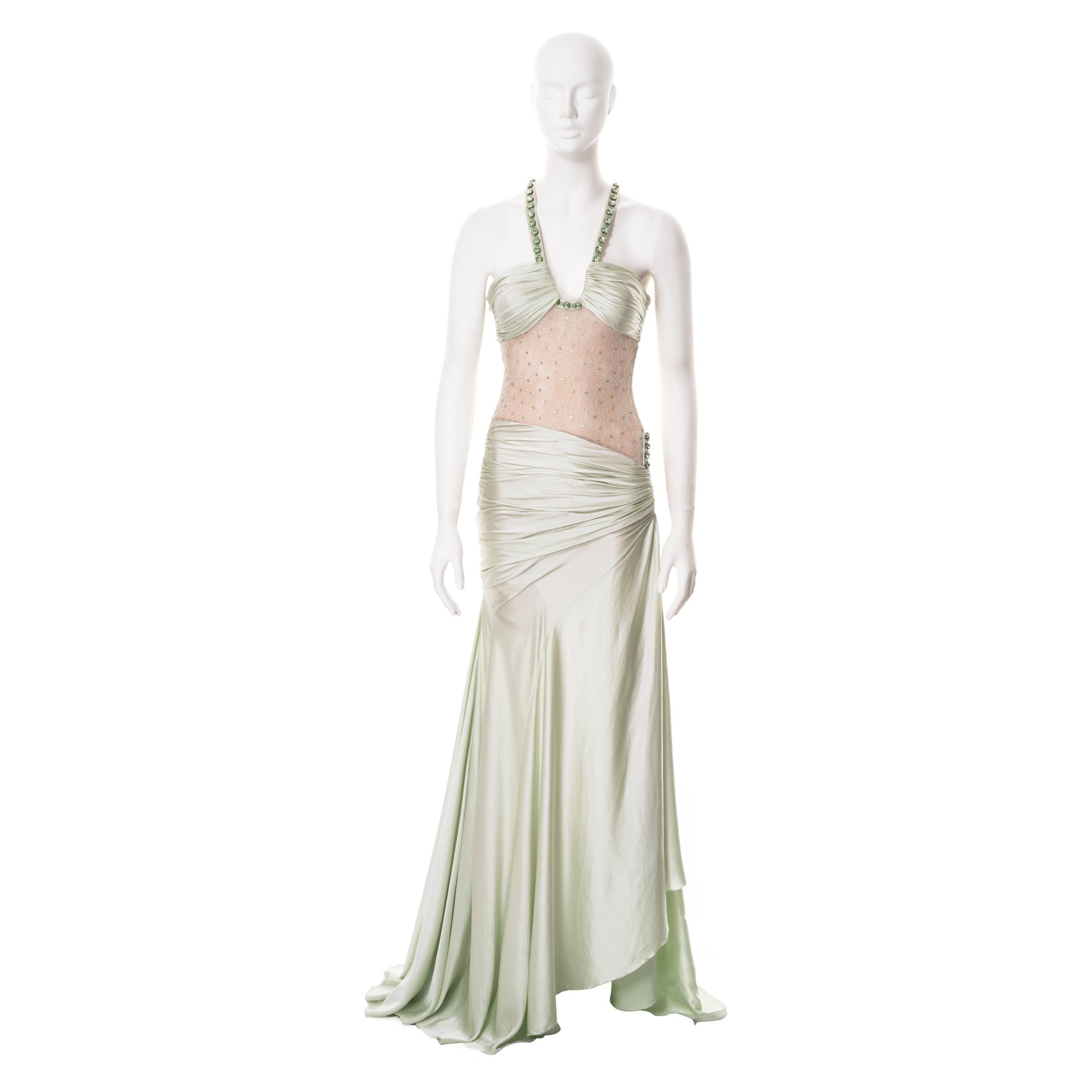 Robe de soirée Versace demi-couture en soie et dentelle verte avec cristaux, P/E 2004